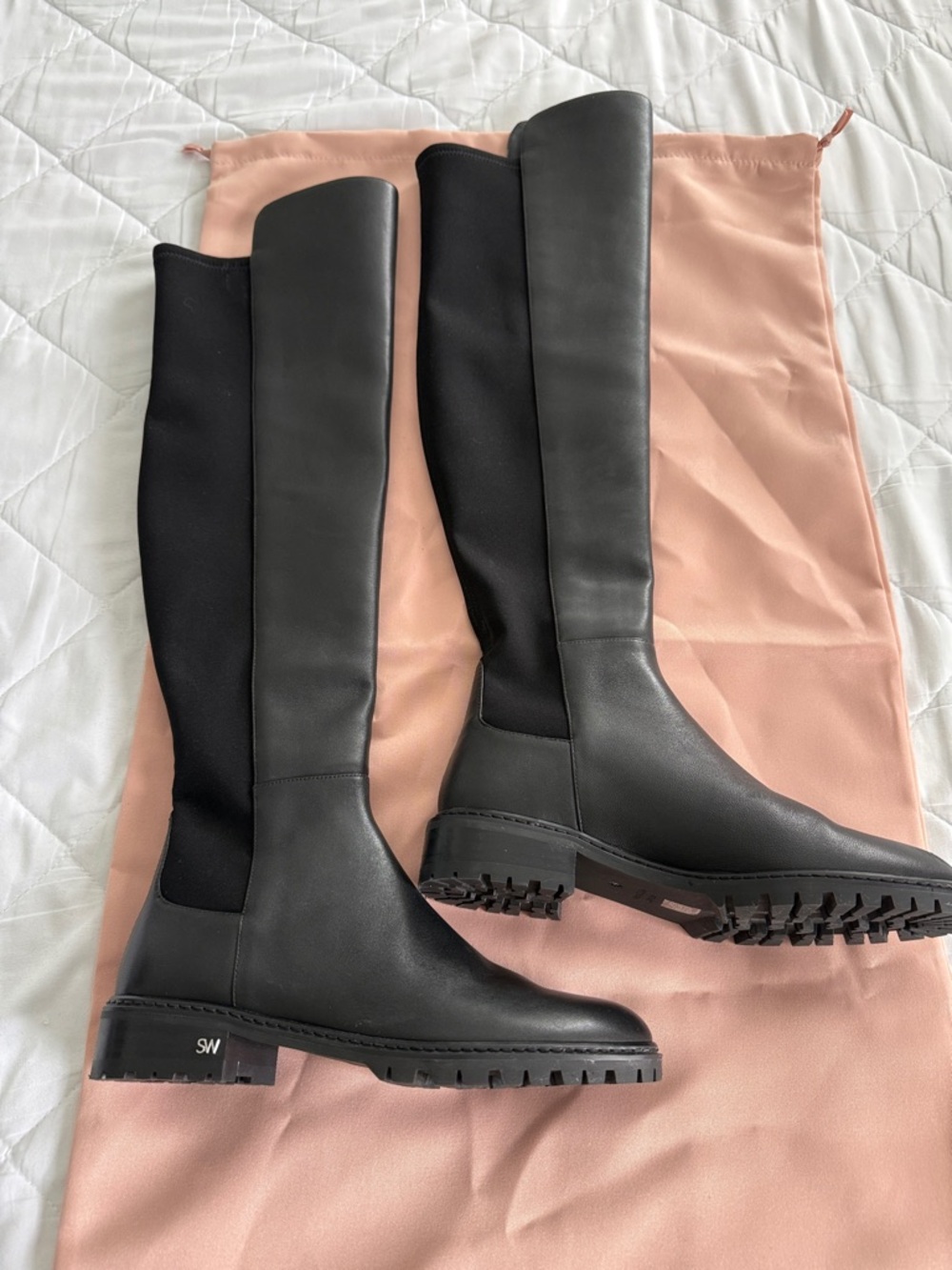 Stuart Weitzman Black Over-the-Knee Lug Sole Stretch Boots